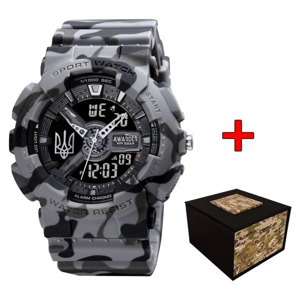 Чоловічий тактичний годинник Awarder 005 Тризуб Срібло Camo Grey з водозахистом 5 ATM