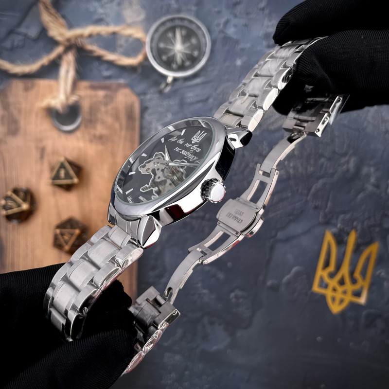 Мужские механические часы Awarder 022 Silver-Black Mechanic Metall Не Забуду Дим со стальным браслетом