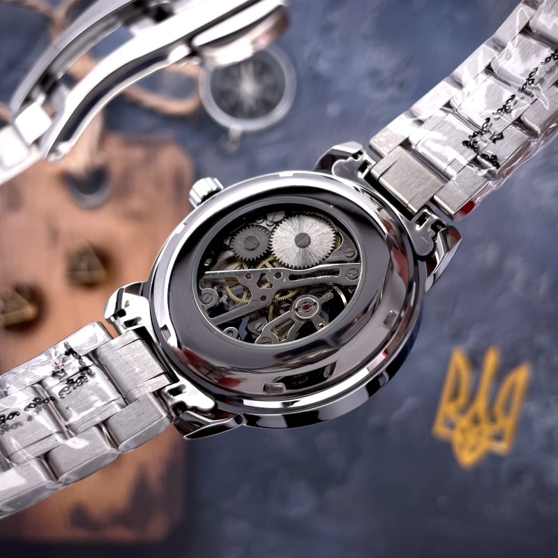 Мужские механические часы Awarder 022 Silver-Black Mechanic Metall Не Забуду Дим со стальным браслетом