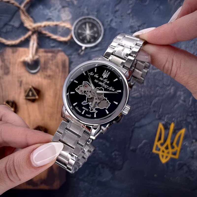 Мужские механические часы Awarder 022 Silver-Black Mechanic Metall Не Забуду Дим со стальным браслетом