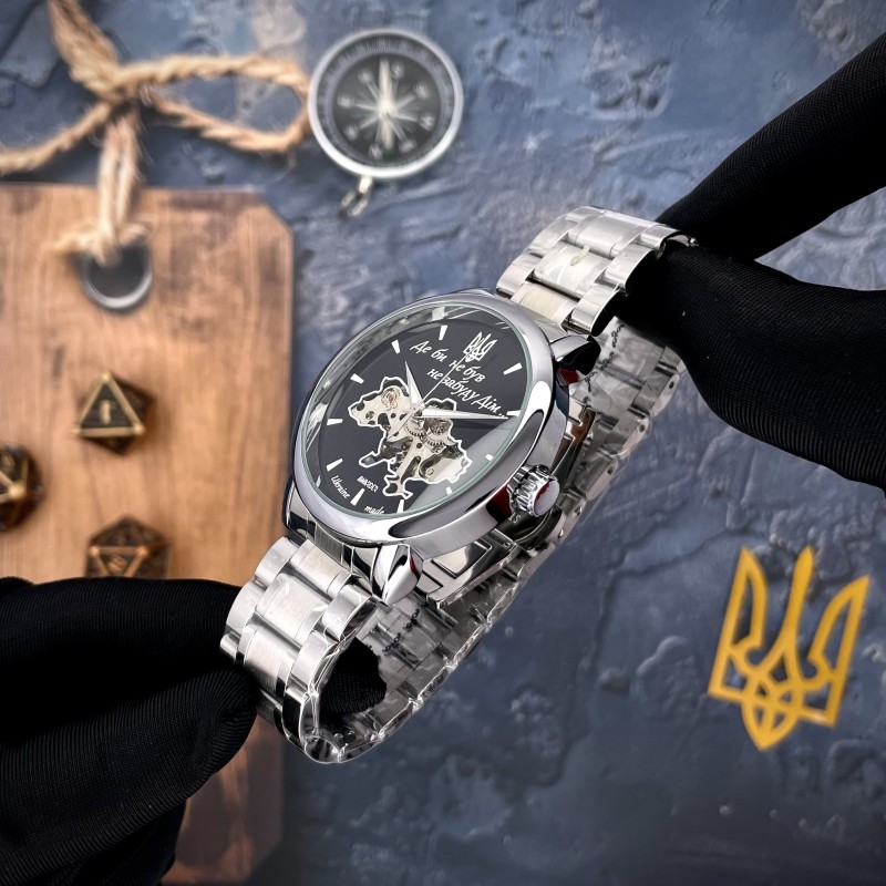 Мужские механические часы Awarder 022 Silver-Black Mechanic Metall Не Забуду Дим со стальным браслетом