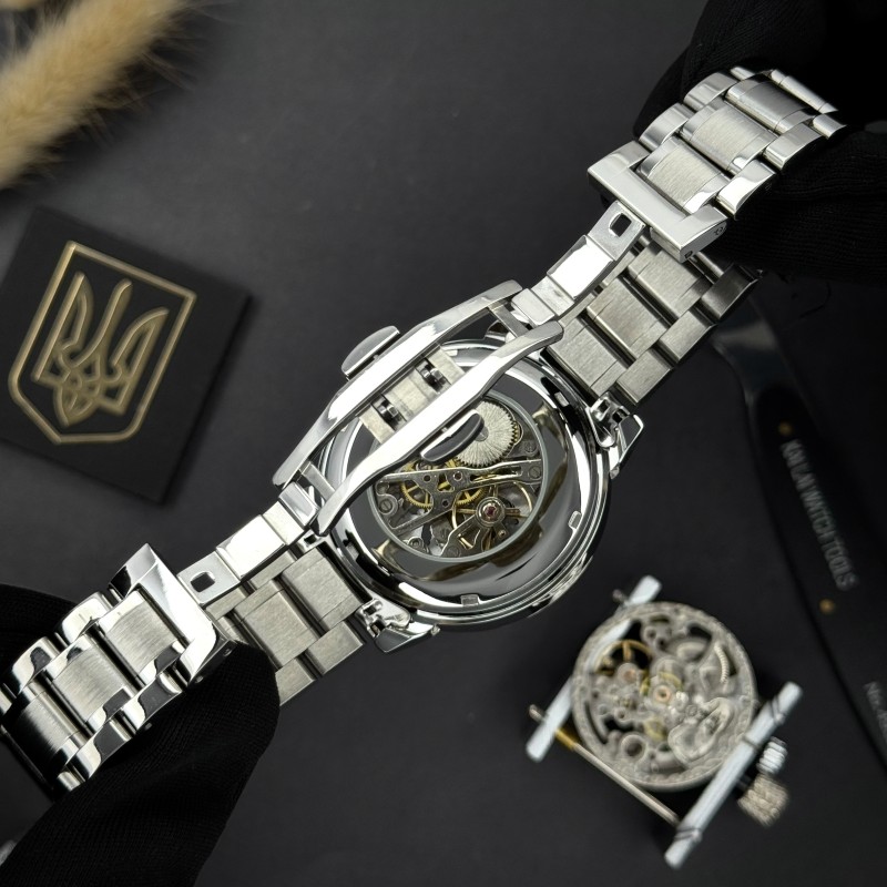 Чоловічий механічний годинник Awarder 022 Silver-White з написом Не Забуду Дім на сталевому браслеті