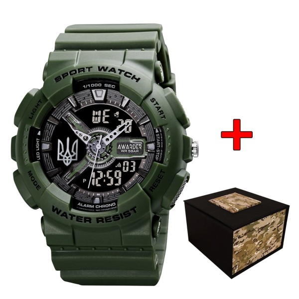 Чоловічий тактичний годинник Awarder 005 Тризуб срібло Army Green з комбінованим циферблатом та захистом 5 ATM
