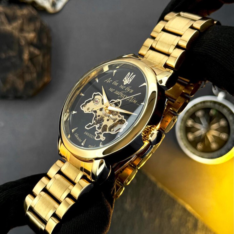 Чоловічий механічний годинник Awarder 022-3D Не Забуду Дім Gold-Black Steel з автопідзаводом