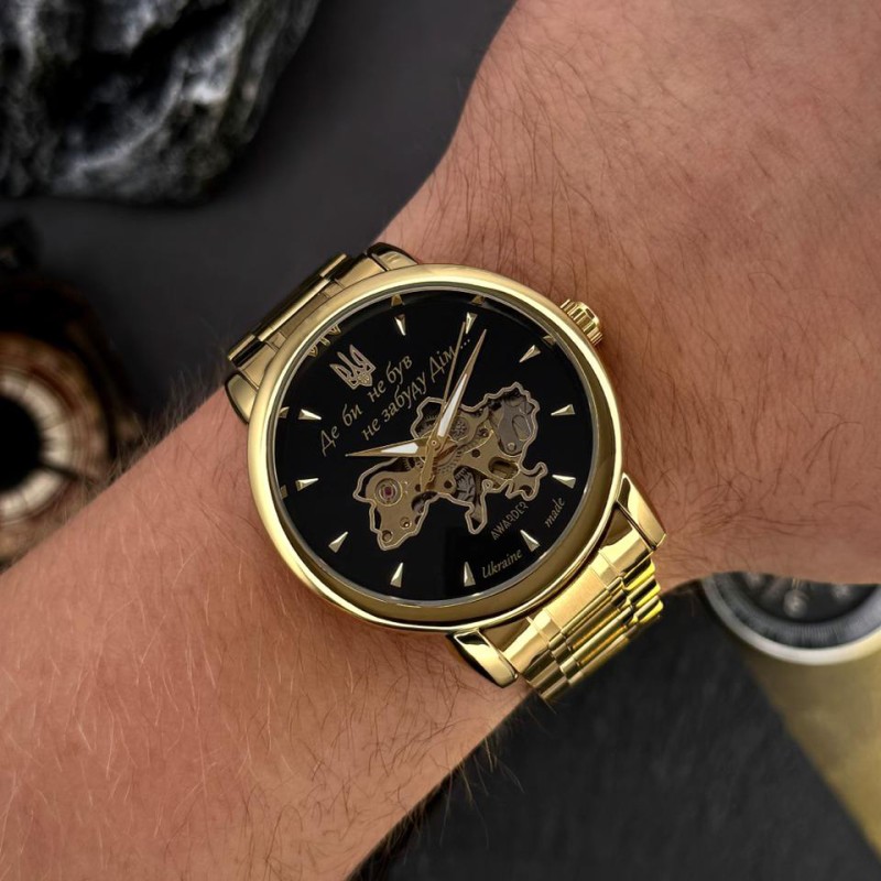 Чоловічий механічний годинник Awarder 022-3D Не Забуду Дім Gold-Black Steel з автопідзаводом