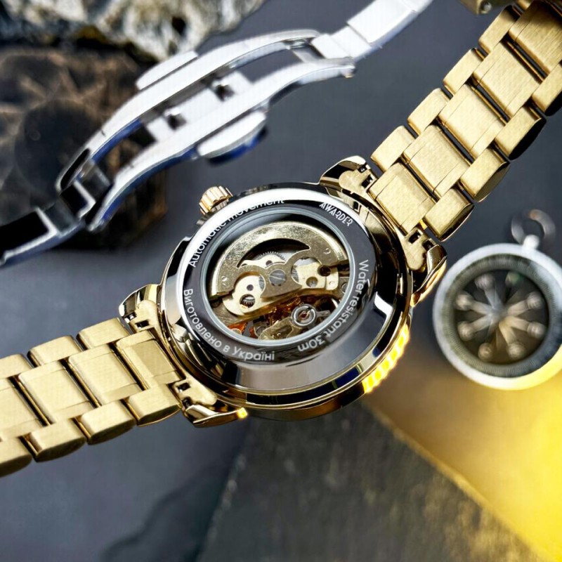 Чоловічий механічний годинник Awarder 022-3D Не Забуду Дім Gold-Black Steel з автопідзаводом
