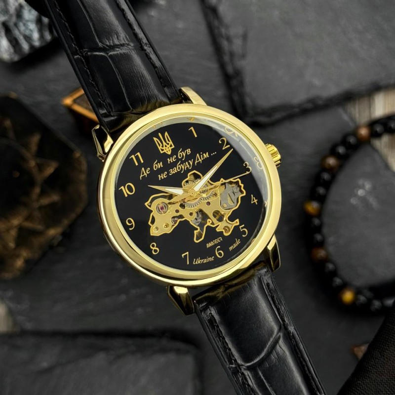 Мужские механические часы Awarder 022 Не Забуду Дім Gold-Black с автоподзаводом и кожаным ремешком