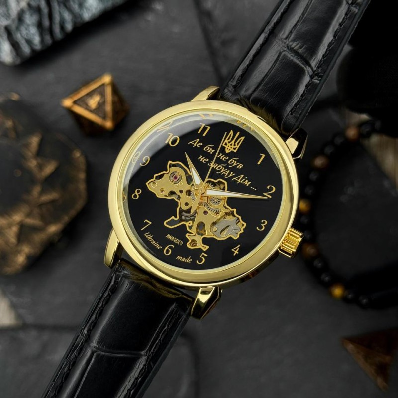 Мужские механические часы Awarder 022 Не Забуду Дім Gold-Black с автоподзаводом и кожаным ремешком