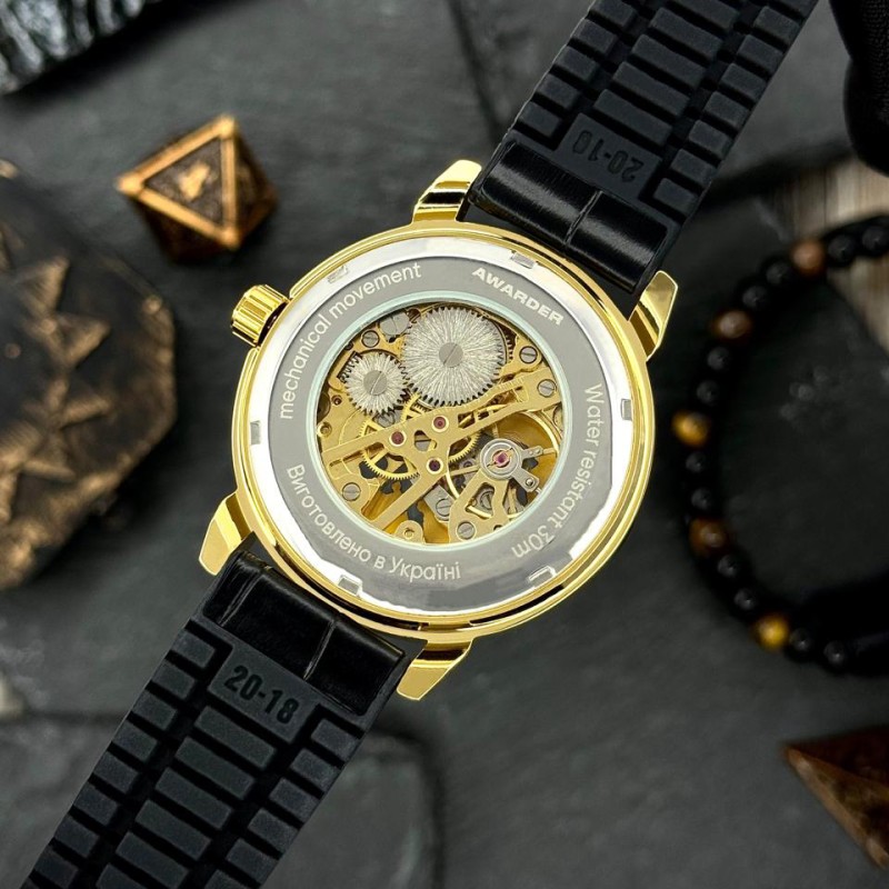 Мужские механические часы Awarder 022 Не Забуду Дім Gold-Black с автоподзаводом и кожаным ремешком