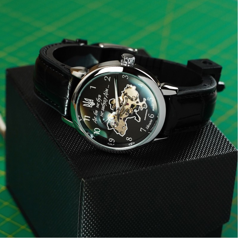 Мужские механические часы Awarder 022 Не Забуду Дім Silver-Black с кожаным ремешком