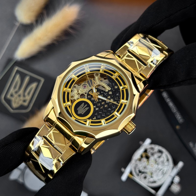 Мужские механические часы Awarder 024GD Тризуб Gold с автоподзаводом и стальным браслетом