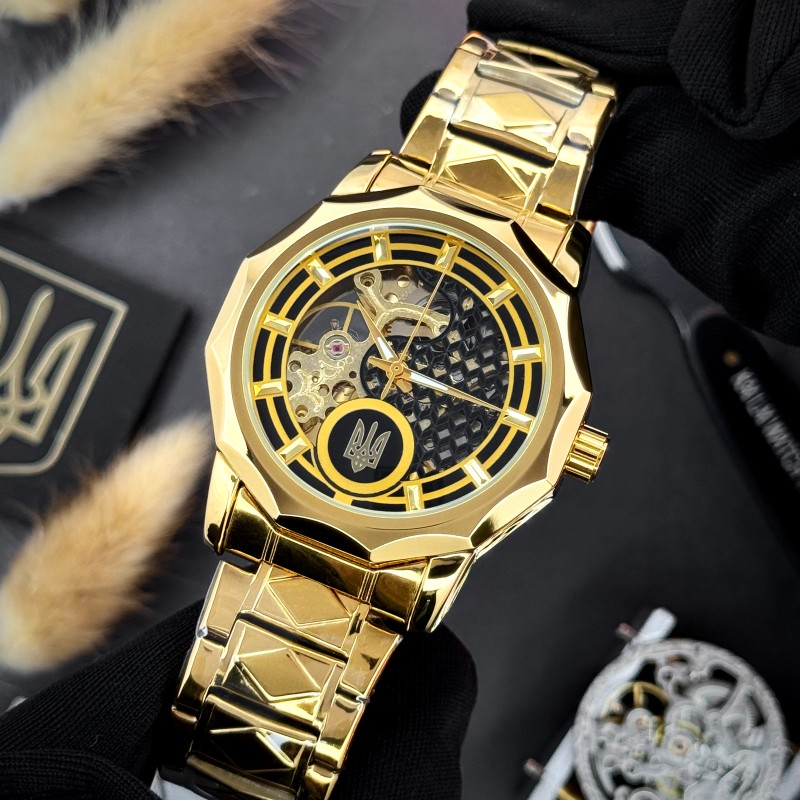 Мужские механические часы Awarder 024GD Тризуб Gold с автоподзаводом и стальным браслетом