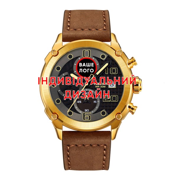 Чоловічий годинник Awarder 016 Gold-Black-Brown з хронографом та шкіряним ремінцем