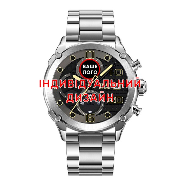 Мужские наручные часы Awarder 016 Silver-Black Steel с хронографом и стальным браслетом