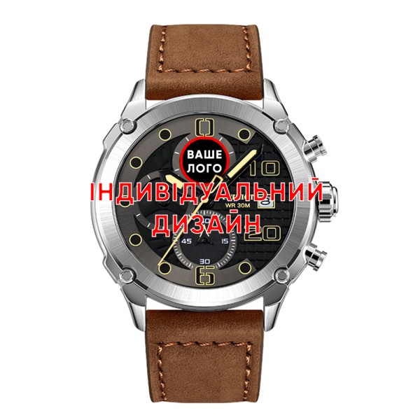 Мужские часы Awarder 016 Silver-Black-Brown с хронографом и кожаным ремешком