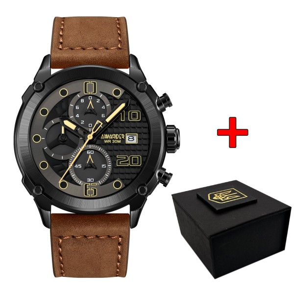 Мужские наручные часы Awarder 016 Black-Brown с хронографом и кожаным ремешком