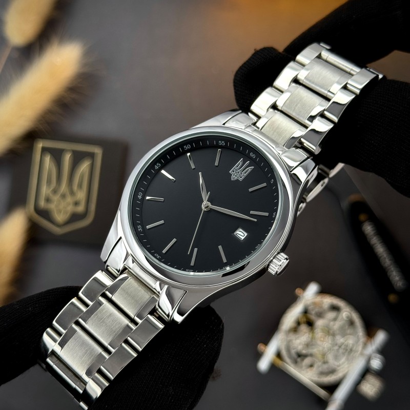 Часы наручные Awarder 023 Silver-Black Тризуб Серебро с гербом Украины и стальным браслетом