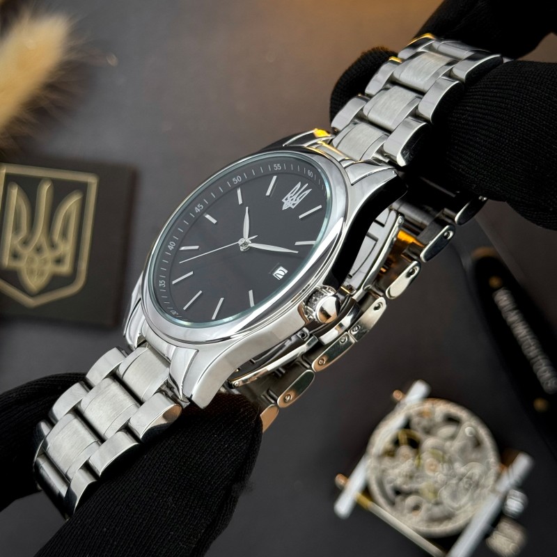 Часы наручные Awarder 023 Silver-Black Тризуб Серебро с гербом Украины и стальным браслетом