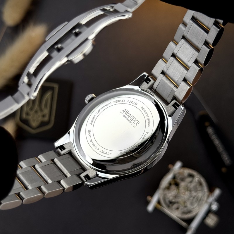 Часы наручные Awarder 023 Silver-Black Тризуб Серебро с гербом Украины и стальным браслетом