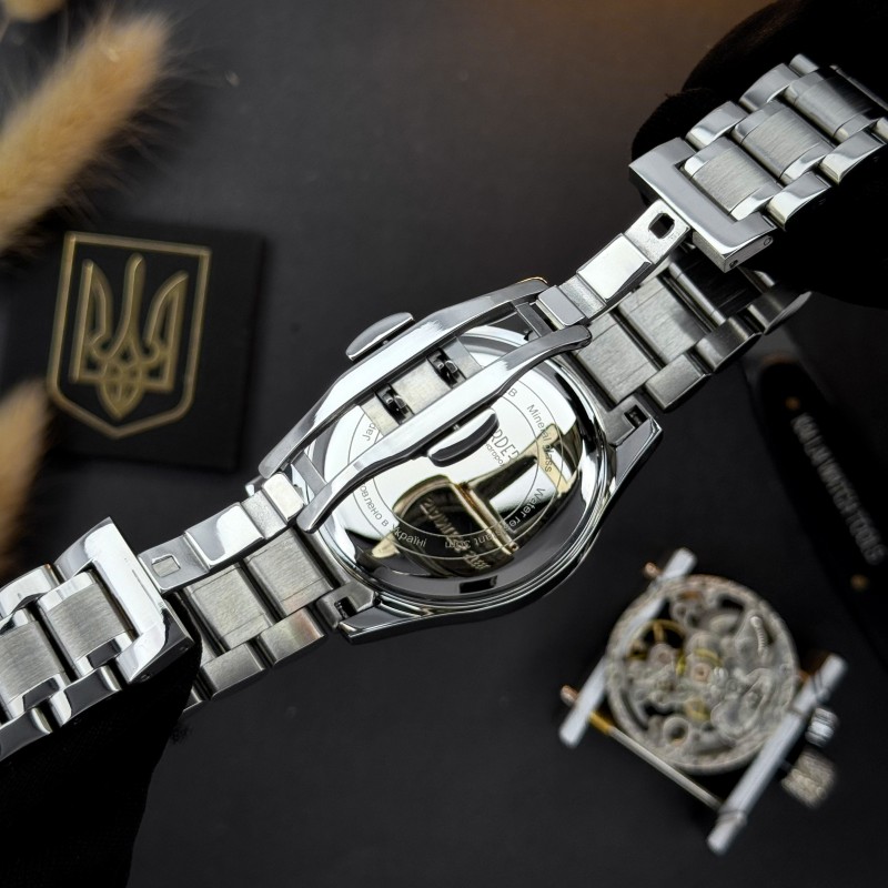 Часы наручные Awarder 023 Silver-Black Тризуб Серебро с гербом Украины и стальным браслетом