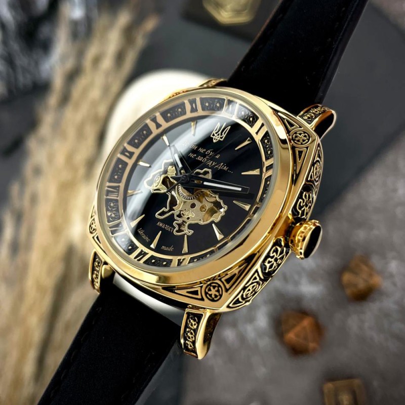 Женские механические часы Awarder 021-3D Де бы не была Gold-Black-Black Leather с автоподзаводом