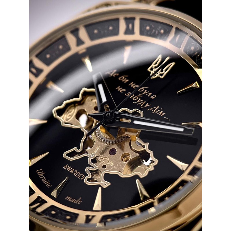 Женские механические часы Awarder 021-3D Де бы не была Gold-Black-Black Leather с автоподзаводом