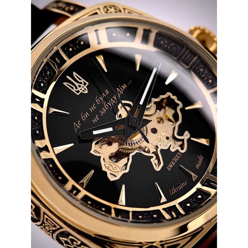 Женские механические часы Awarder 021-3D Де бы не была Gold-Black-Black Leather с автоподзаводом