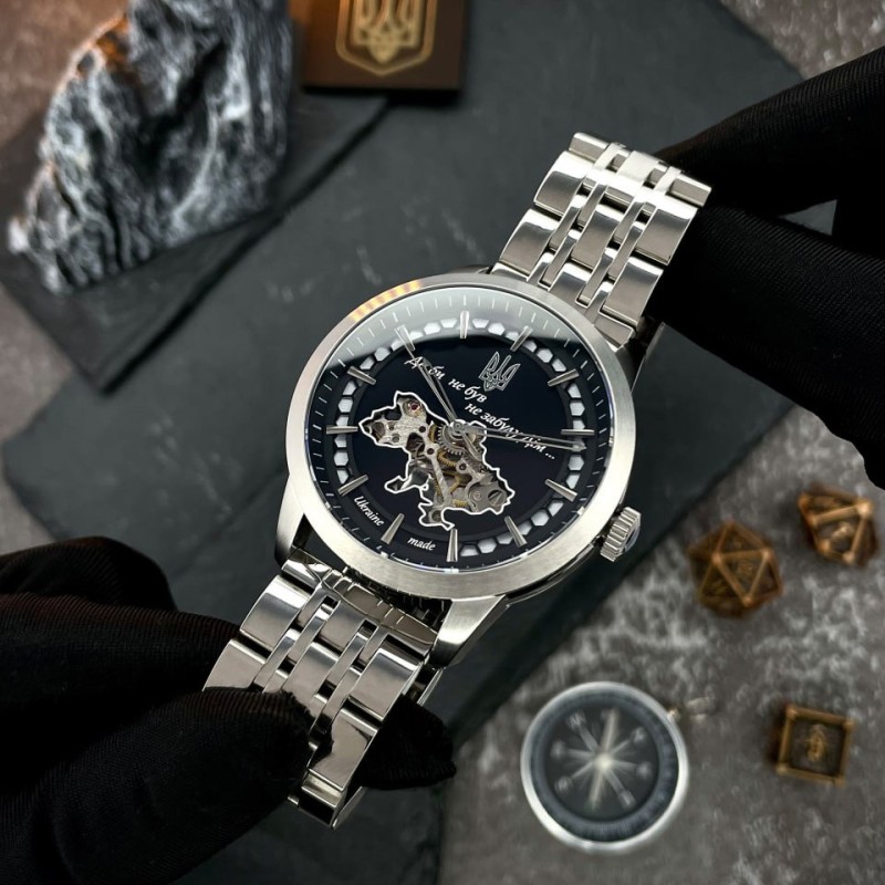 Чоловічий механічний годинник Awarder 043 Де би не був Silver-Black Steel Automatic з сапфіровим склом