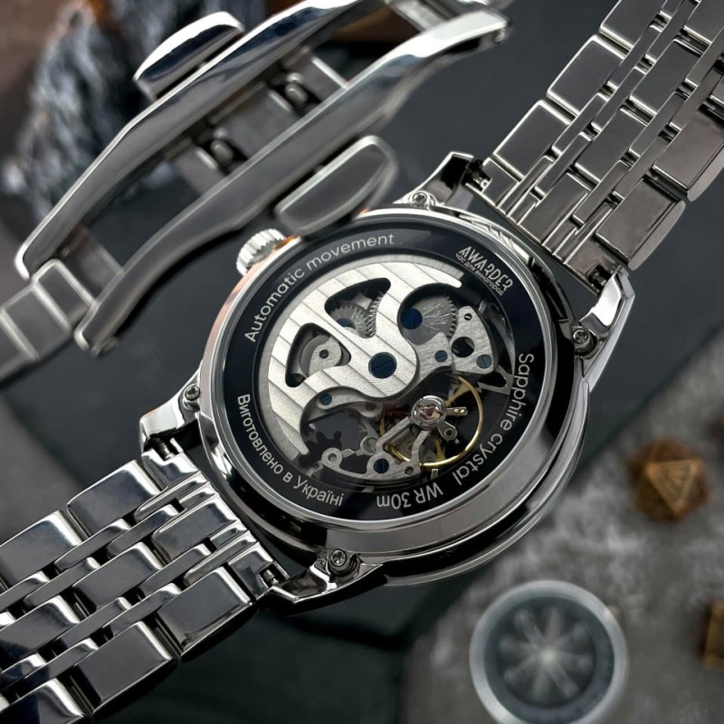 Чоловічий механічний годинник Awarder 043 Де би не був Silver-Black Steel Automatic з сапфіровим склом