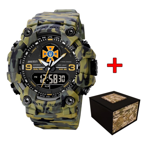 Чоловічий тактичний годинник Awarder 001 ДСНС Camo Green з комбінованим циферблатом та захистом 5 ATM