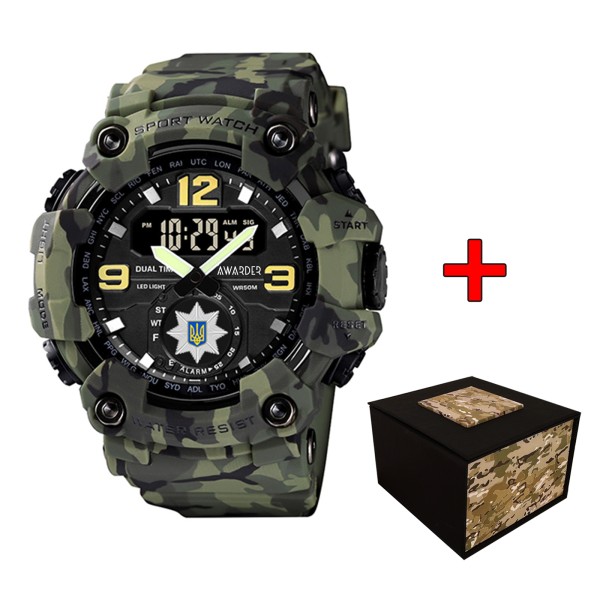 Мужские тактические часы Awarder 004 Полиция Camo Green с комбинированным циферблатом и защитой 5 ATM