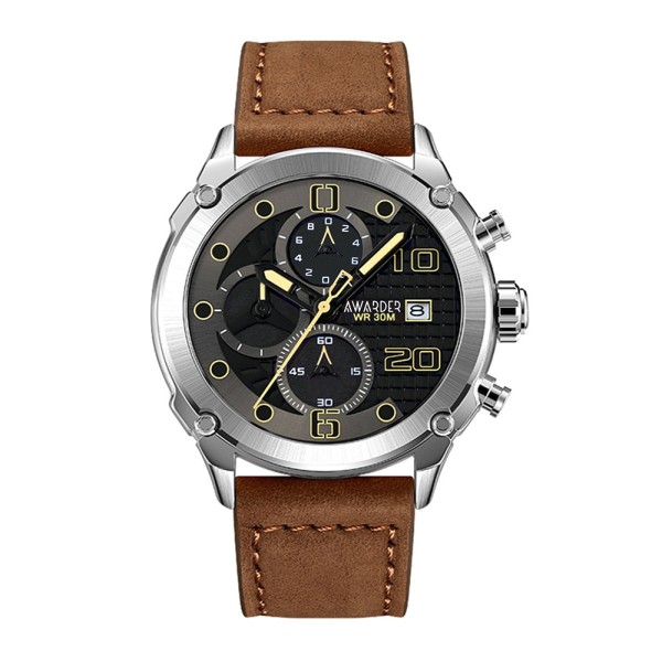 Мужские часы Awarder 016 Silver-Black-Brown с хронографом и кожаным ремешком