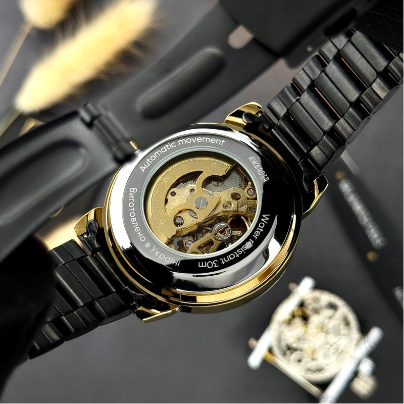 Чоловічий механічний годинник Awarder 022-3D Black-Gold Automatics Steel Не Забуду Дім з автопідзаводом