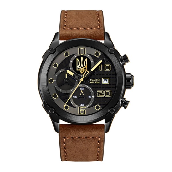 Мужские наручные часы Awarder 016 Black-Brown с золотым Трезубцем и коричневым ремешком