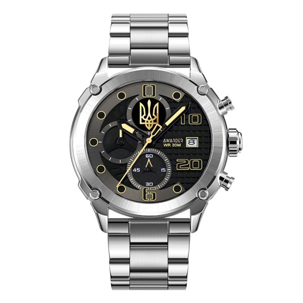 Мужские наручные часы Awarder 016 Тризуб золото Silver-Black Steel с гербом Украины