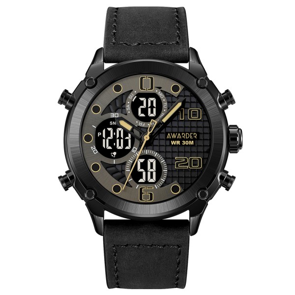Мужские наручные часы Awarder 017LBKBK Black Leather с черным кожаным ремешком