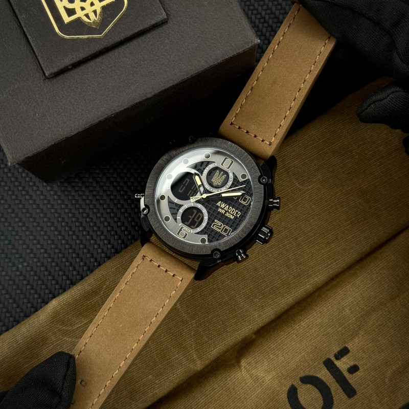 Мужские наручные часы Awarder 017 Тризуб золото Black-Brown с комбинированным циферблатом и подсветкой