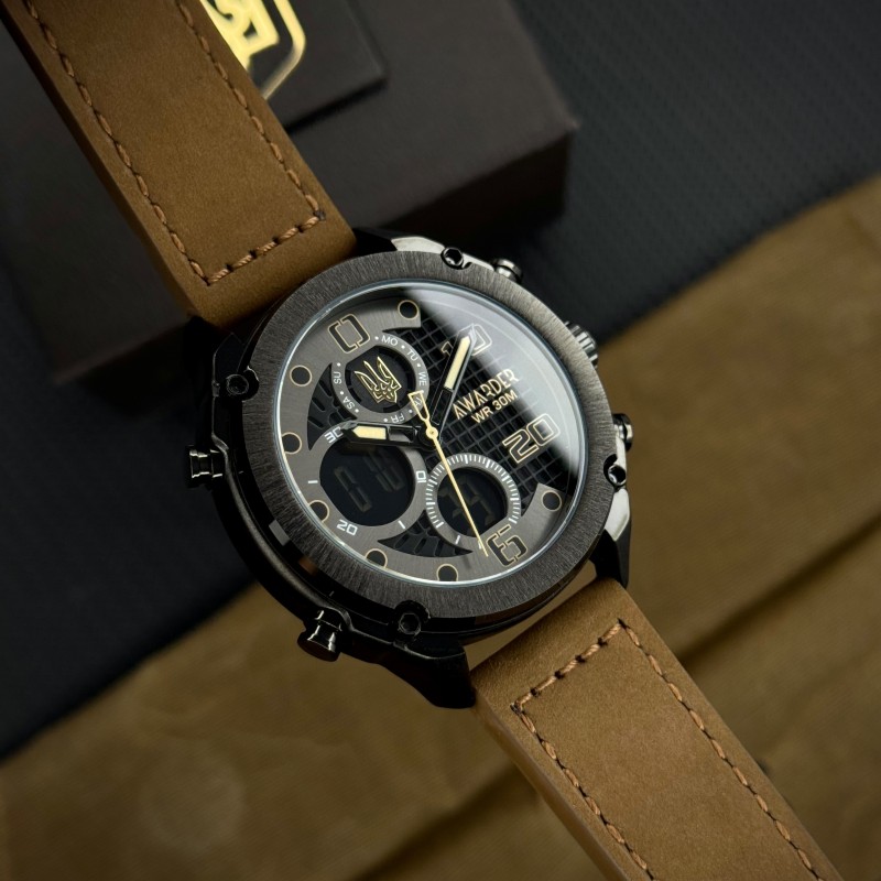 Мужские наручные часы Awarder 017 Тризуб золото Black-Brown с комбинированным циферблатом и подсветкой