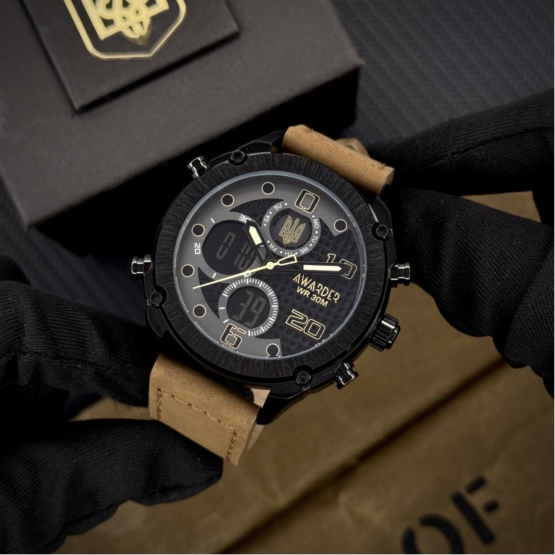 Мужские наручные часы Awarder 017 Тризуб золото Black-Brown с комбинированным циферблатом и подсветкой