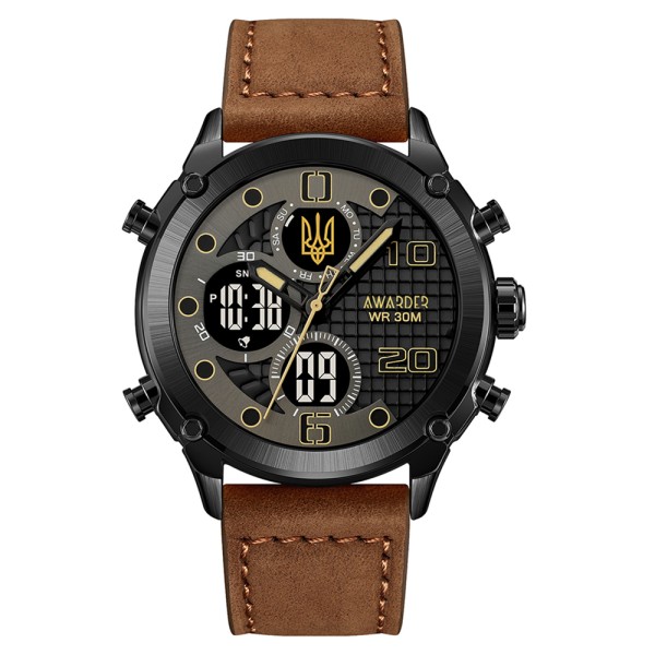 Мужские наручные часы Awarder 017 Тризуб золото Black-Brown с комбинированным циферблатом и подсветкой
