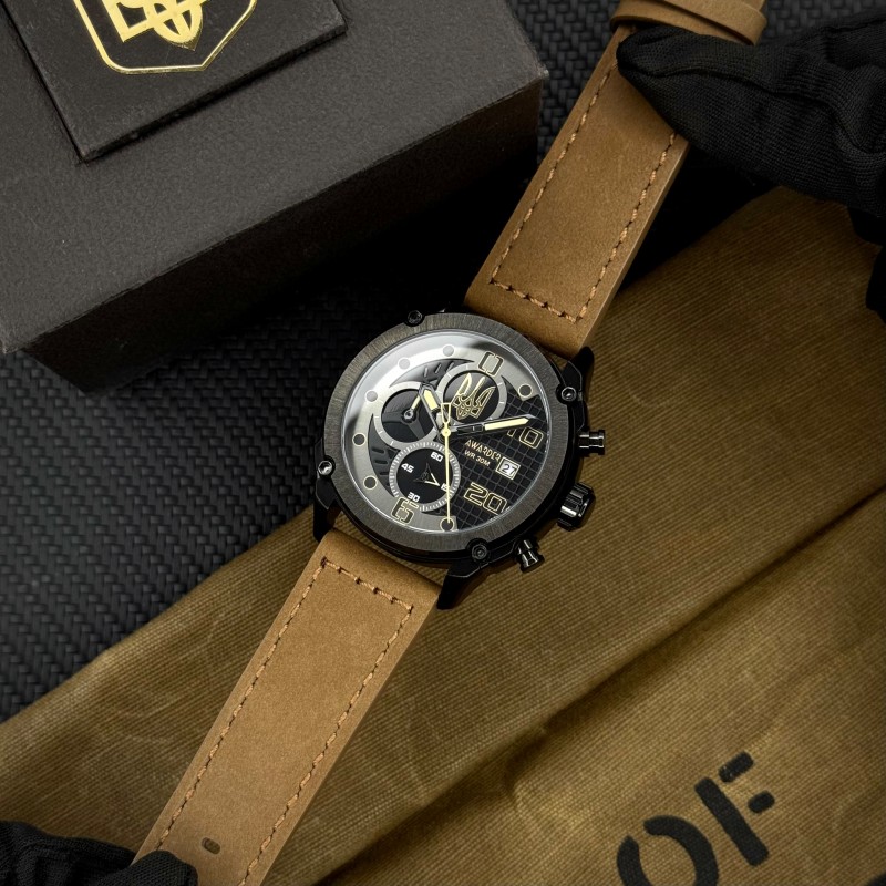 Чоловічий наручний годинник Awarder 016 Тризуб золото Black-Brown з хронографом та шкіряним ремінцем