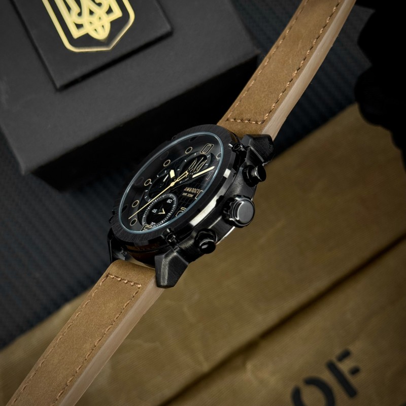 Чоловічий наручний годинник Awarder 016 Тризуб золото Black-Brown з хронографом та шкіряним ремінцем