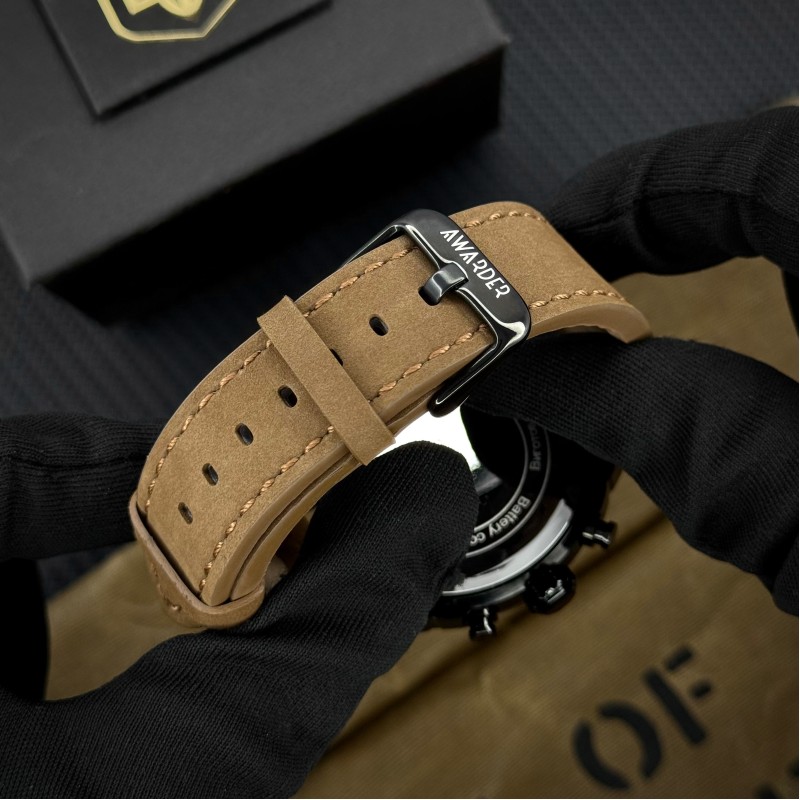 Чоловічий наручний годинник Awarder 016 Тризуб золото Black-Brown з хронографом та шкіряним ремінцем