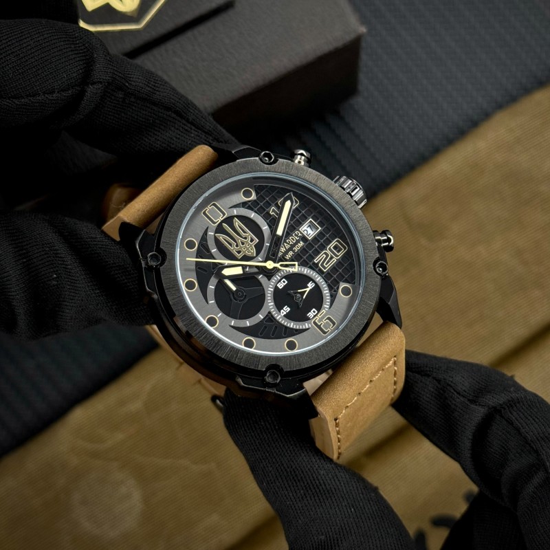 Чоловічий наручний годинник Awarder 016 Тризуб золото Black-Brown з хронографом та шкіряним ремінцем