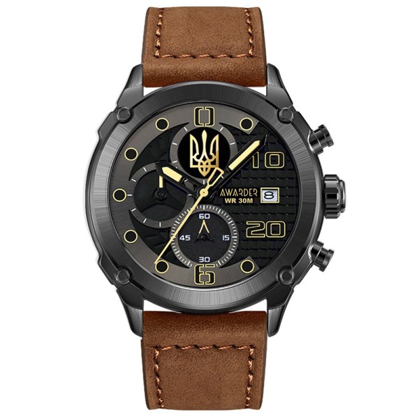 Чоловічий наручний годинник Awarder 016 Тризуб золото Black-Brown з хронографом та шкіряним ремінцем