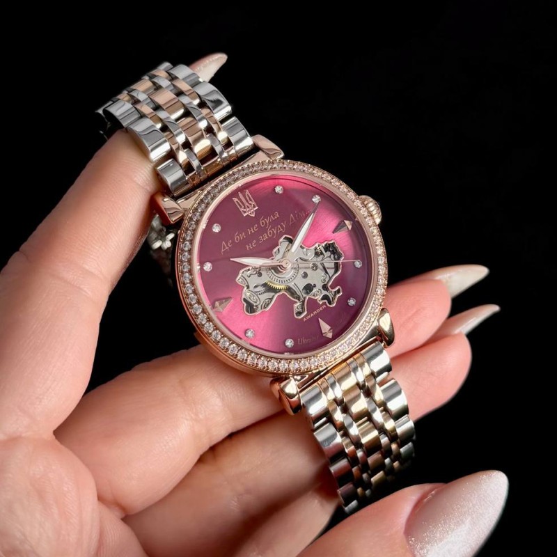 Женские механические часы Awarder 047 Silver-Gold-Pink с автоподзаводом и розовым циферблатом