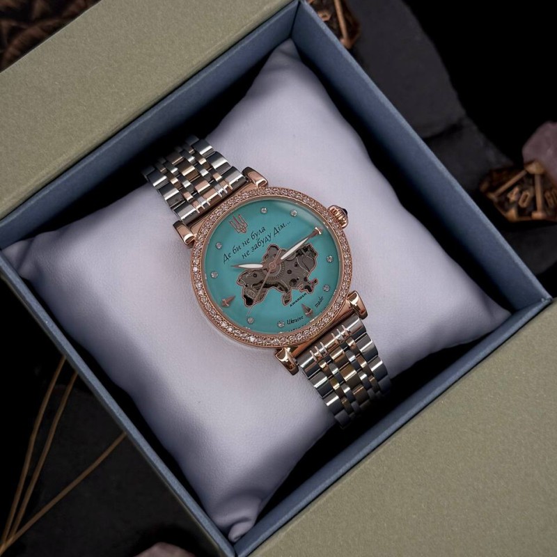 Женские часы Awarder 047 Silver-Gold-Blue с автоподзаводом и бирюзовым циферблатом