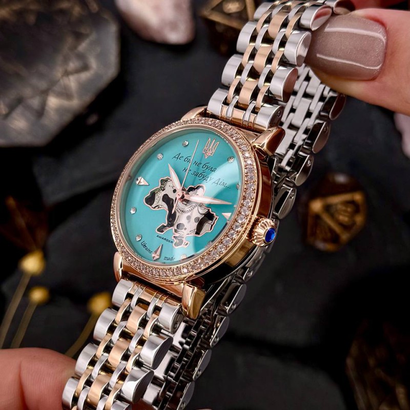 Женские часы Awarder 047 Silver-Gold-Blue с автоподзаводом и бирюзовым циферблатом