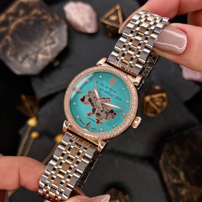 Женские часы Awarder 047 Silver-Gold-Blue с автоподзаводом и бирюзовым циферблатом