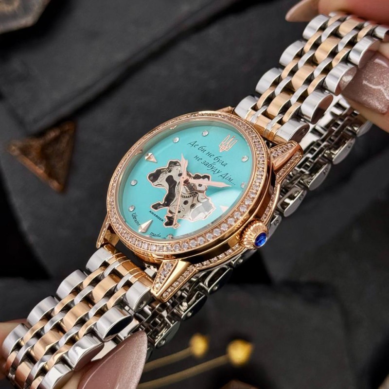 Жіночий механічний годинник Awarder 049 Silver-Gold-Blue з автопідзаводом та бірюзовим циферблатом